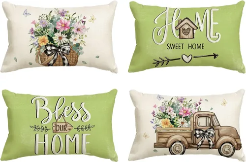 Miniatura 10 de AVOIN colorlife - Fundas de cojín estilo granja con mensaje Bless Our Home, diseño de hojas de eucalipto y camión azul Home Sweet Home, 16 x 16