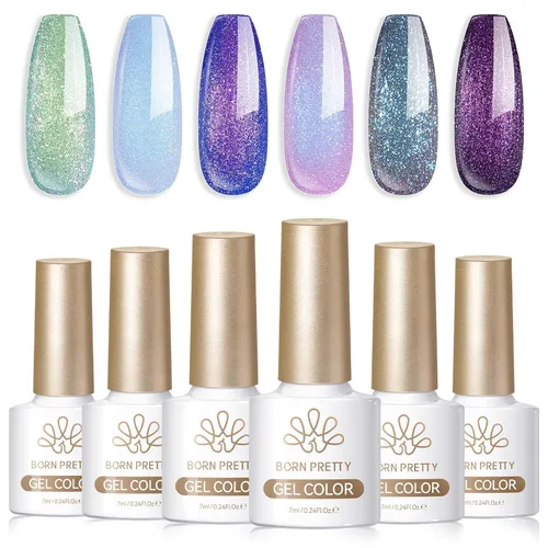 Born Pretty - Set de esmalte de uñas en gel camaleón, 6 colores Aurora con brillo y purpurina, kit de esmalte de uñas en gel, azul, verde, morado,