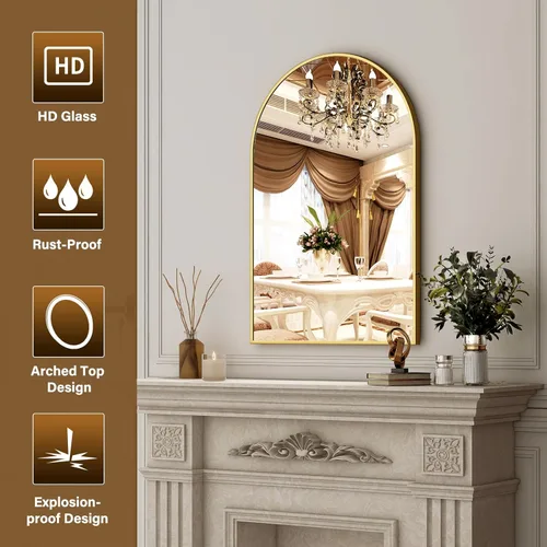 Miniatura 4 de XRAMFY Espejo de Pared Arqueado de 26" x 38" para Baño, Espejo de Tocador Dorado para Dormitorio, Sala de Estar, Entrada, Espejo Colgante Decorativo