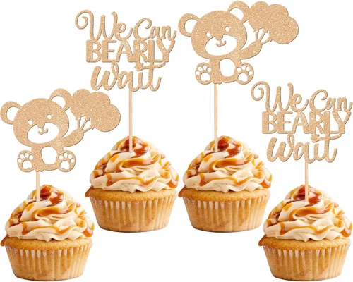 Miniatura 9 de 24 PIEZAS Oso de Peluche con Texto "We Can Bearly Wait" Adornos de Cupcake con Purpurina, Globo Oso para Revelación de Género, Adornos de Baby