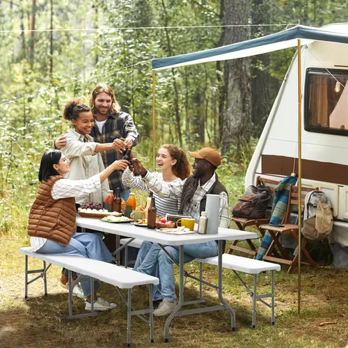 Miniatura 8 de VINGLI Juego de mesa de picnic con 2 bancos, juego de sillas de mesa de campamento de 6 pies, material HDPE resistente con marco de metal, muebles