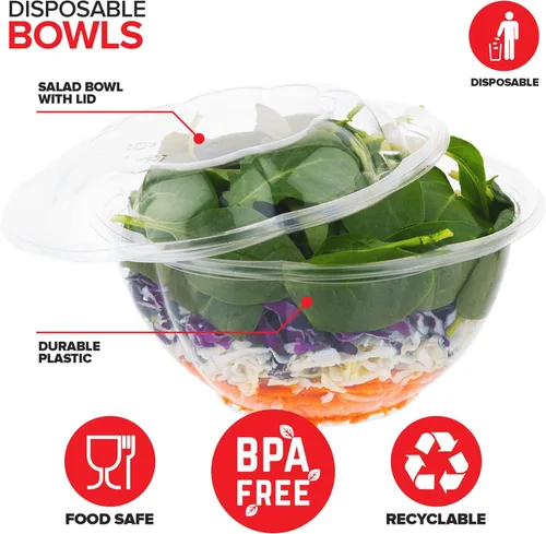 Miniatura 3 de Stock Your Home Tazones para ensaladas de plástico transparente de 32 onzas con tapas desechables (paquete de 50 unidades), recipiente mediano