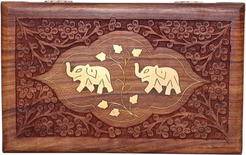 Miniatura 3 de Ajuny Hermosa caja de joyería de madera hecha a mano con incrustaciones de latón elefante con diseño de elefante organizador de almacenamiento