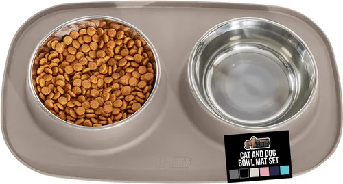 GORILLA GRIP - Juego de cuencos para perros con tapete de alimentación de silicona antideslizante, cuencos de acero inoxidable 304 de grado Beige