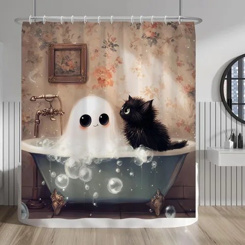 Miniatura 92 de Cortina de ducha de fantasma y gato negro para niños, 36 x 72 pulgadas, espeluznante y bonita, cortina de baño de Halloween con 6 ganchos, cortina