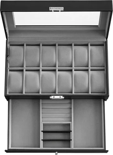 Miniatura 8 de SONGMICS UJWB012 - Caja de reloj de 12 ranuras, caja de reloj con cerradura con tapa de vidrio, 2 capas, con 1 cajón para anillos, pulseras, idea