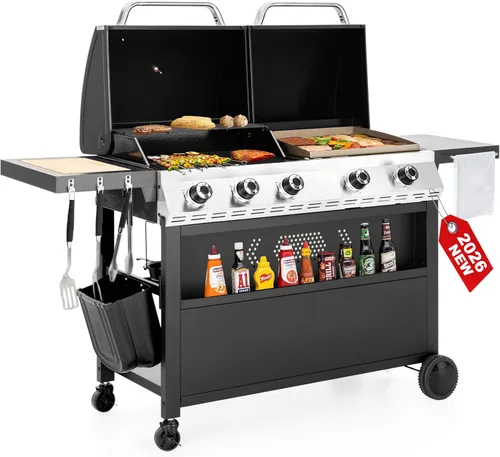 Miniatura 12 de Parrilla de Barbacoa de Gas Propano 2 en 1 con Quemador Lateral y Rejilla de Hierro Fundido Esmaltada en Porcelana, Plancha Plana de 4 Quemadores