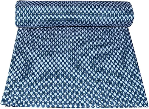 Hecho a mano Jaipuri Print 100% tela de algodón pequeña flor impresa color azul y blanco 44 pulgadas de ancho tela de vestir para correr 10 yardas