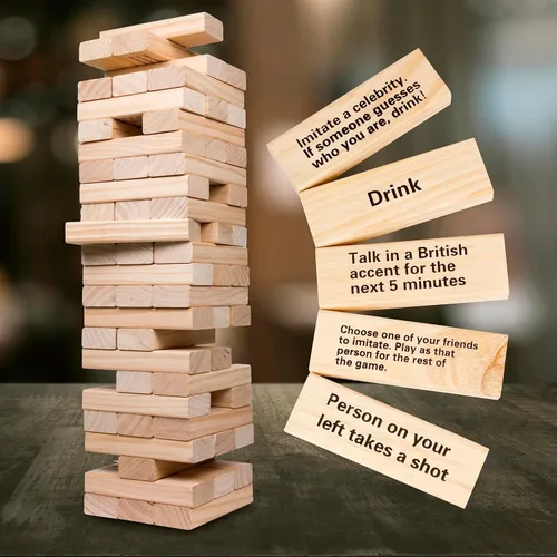 Miniatura 5 de Juego de tragos torre apilable gigante (Se apila hasta 4 pies) - 60 bloques de madera con instrucciones de bebida (¡solo para mayores de 21 años!)