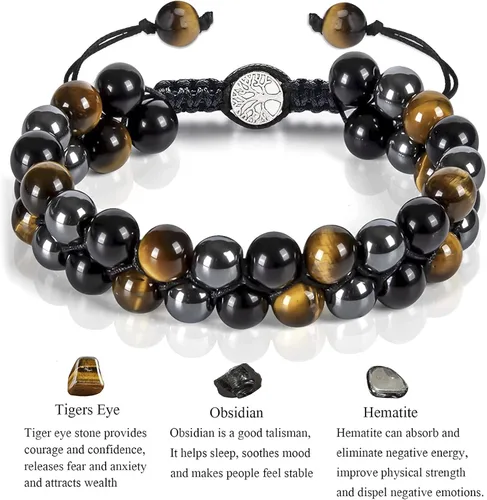 Miniatura 3 de Pulsera Hecha a Mano de Triple Protección 10mm de Hematita Obsidiana Negra Ojo de Tigre con Piedras de Cristal de Curación para Hombres y Mujeres