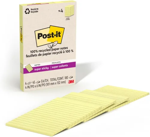 Post-it Notas adhesivas de papel 100% reciclado, 2 veces la potencia de pegamento, 4 x 6 pulgadas, con renglones, 4 almohadillas/paquete, 45