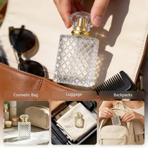 Miniatura 4 de Botella de perfume recargable de vidrio grueso de alta calidad de 3.4 fl oz (3.4 oz) con pulverizador dorado, incluye embudo, gotero de 0.1 fl oz