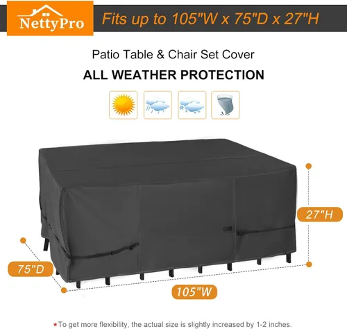 Miniatura 6 de NettyPro Funda rectangular para mesa de patio, 105 x 75 pulgadas, impermeable, para mesa de comedor y silla, rectangular, color negro
