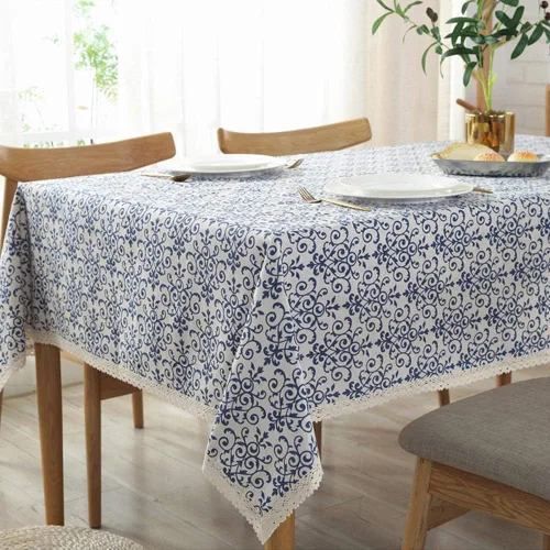 AMZALI - Mantel vintage lavable de algodón y lino, diseño damasco azul marino, encaje a macramé, cuadrado, para mesa de cena y picnic, decoración