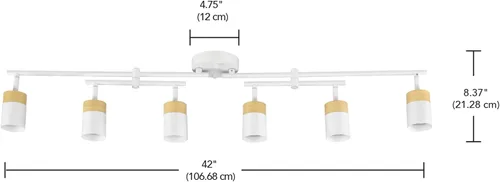 Miniatura 9 de Globe Electric 64000055 - Iluminación de riel de 6 luces de 42", barra central doble giratoria, color blanco mate, acentos en tono madera, luz
