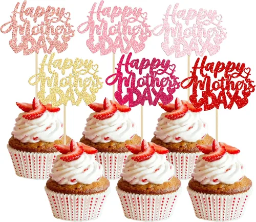 Miniatura 26 de Gyufise 1 pieza de decoración de pastel para el Día de la Madre con purpurina de corazón Love You Mom Cake Pick Rose Flower Best Mom Cupcake Decor