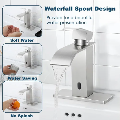 Miniatura 4 de Herogo Grifo de lavabo de baño sin contacto, sensor automático de níquel cepillado, cascada de acero inoxidable con drenaje desplegable de latón