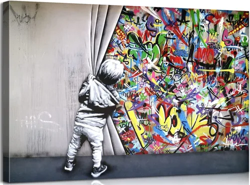 Miniatura 6 de MGSBCXN Arte de Pared en Lienzo Colorido Graffiti Banksy Póster Impresiones Un Niño Detrás de la Cortina Imagen Obra de Arte Abstracto Arte