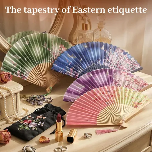 Miniatura 2 de JOHOUSE 4 abanicos plegables de tela floral con borla, elegantes abanicos de boda para invitados, ventilador plegable chino, ventilador de mano