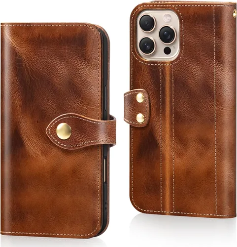 Miniatura 12 de Funda de cuero compatible con iPhone 16 Pro Wallet de 6.3 pulgadas, protección completa de piel auténtica a prueba de golpes, funda abatible