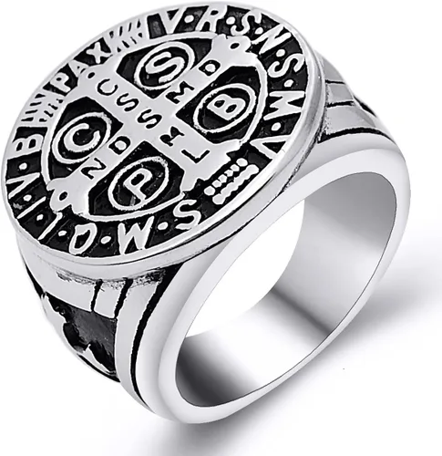 enhong Anillo de exorcismo de San Benito para hombres de acero inoxidable católico de la cruz romana de la protección del demonio cazador de
