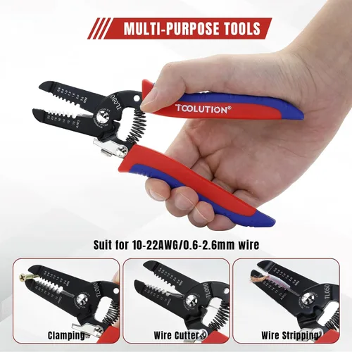 Miniatura 4 de Pelacables y cortadores pequeños para 10-22 AWG, juego de herramientas de pelado de cables eléctricos de mano con alicates con resorte y bloqueo