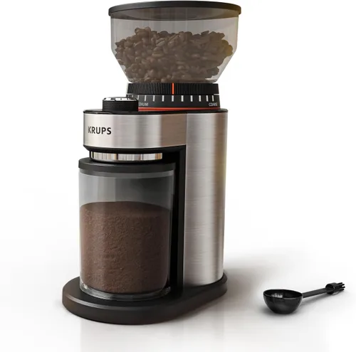 KRUPS Molinillo de café eléctrico de rebaba plana, 18 configuraciones ajustables de molienda, de 2 a 20 tazas por molienda, toque único, molinillo