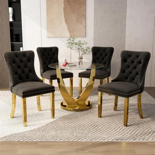 Miniatura 17 de Juego de mesa de comedor redonda de vidrio de 38.9 pulgadas para 4, mesa de cocina redonda dorada con 4 sillas decorativas de terciopelo tapizadas