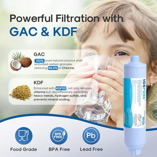 Miniatura 5 de ICEPURE Filtro de agua en línea RV con protector de manguera antitorceduras, NSF/ANSI 42, filtración GAC y KDF, reduce el cloro y los olores, agua