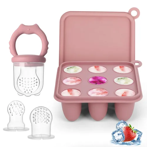 Miniatura 9 de Alimentador de frutas para bebés, moldes para paletas de leche materna, bandeja de silicona para congelar alimentos para aliviar la dentición, Lila