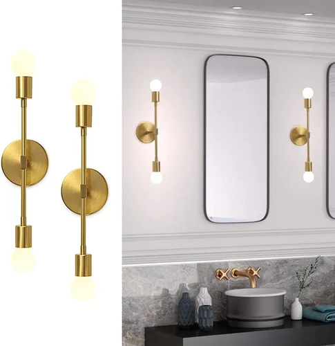 Miniatura 8 de KCO Lámpara de pared dorada con 2 luces para tocador de baño, luz de lectura de pared de latón, moderna de mediados de siglo, para pasillo, sala