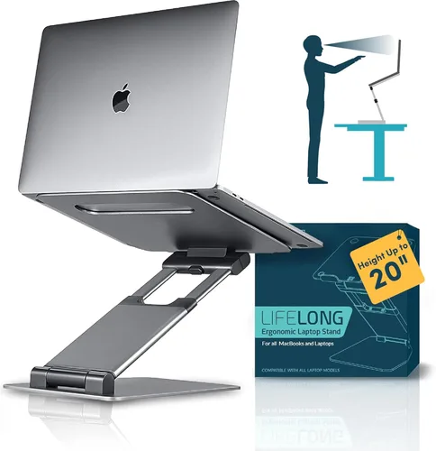 Lifelong Soporte ergonómico ajustable para laptop para escritorio, altura de hasta 20 pulgadas, soporte elevador portátil para computadora portátil,