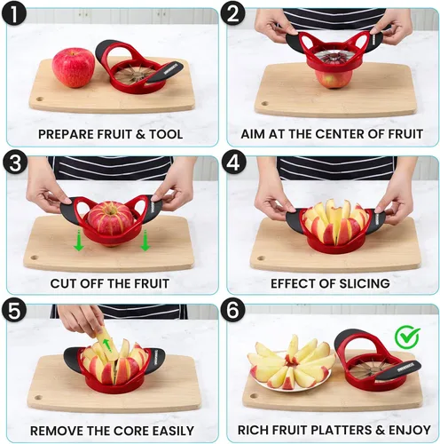 Miniatura 4 de SCHVUBENR Cortador de manzana grande de 4.72 pulgadas con 12 cuchillas, cortador profesional de manzana, descorazonador de manzana de acero Rojo