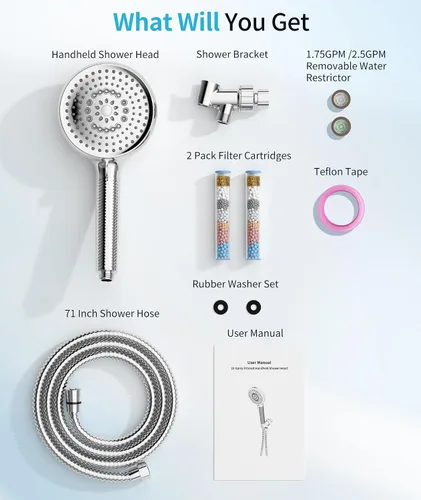 Miniatura 9 de Cabezal de ducha filtrado con mano, cabezal de ducha de alta presión de 10 modos de pulverización con filtros, cabezal de filtro de ducha para agua