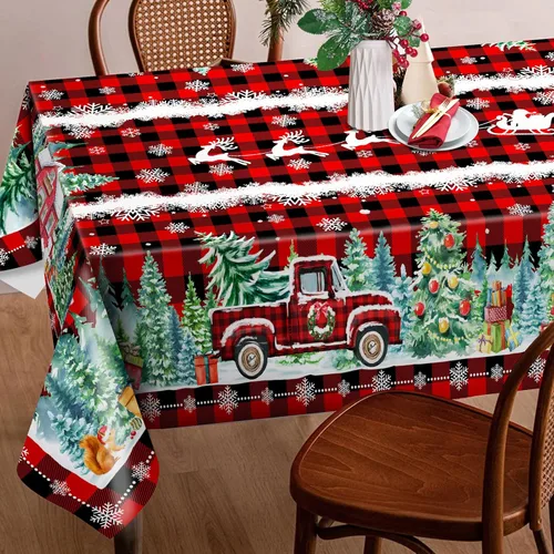 Miniatura 2 de Mantel cuadrado de Navidad 52x52 pulgadas - Rojo camión de Navidad, decoración de fiesta para el hogar - Mantel rectangular de Navidad a cuadros