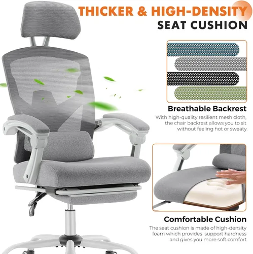 Miniatura 3 de Silla de oficina para computadora Sweetcrispy con reposapiés, sillas giratorias ergonómicas de malla con respaldo alto y ruedas, soporte lumbar Gris