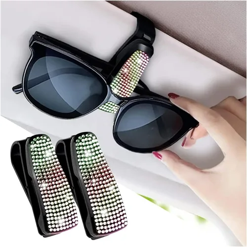 Miniatura 14 de Turcee Juego de 2 soportes para lentes de sol con diamantes de imitación brillantes para visera de automóvil con esponja antiarañazos, decoración