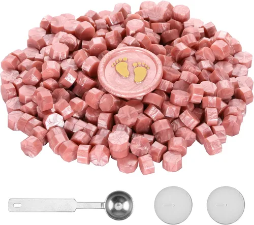 Miniatura 4 de Yoption 300 cuentas de cera de sellado de oro rosa, cuentas de sello de cera octágono vintage con 4 velas y 2 cucharas de fusión de sello de cera