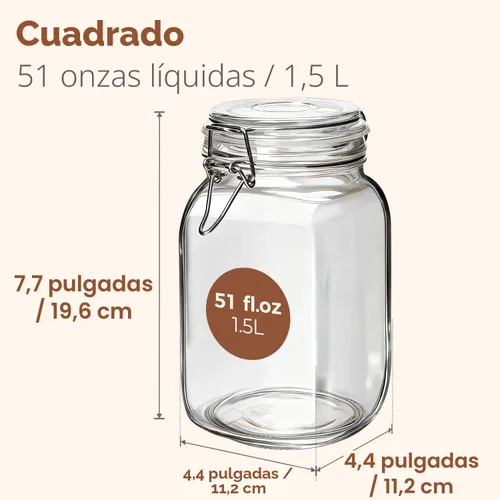 Miniatura 2 de ComSaf Juego de 3 recipientes herméticos de vidrio con tapas de 51 onzas transparentes para almacenamiento de alimentos, cuadrados, organización