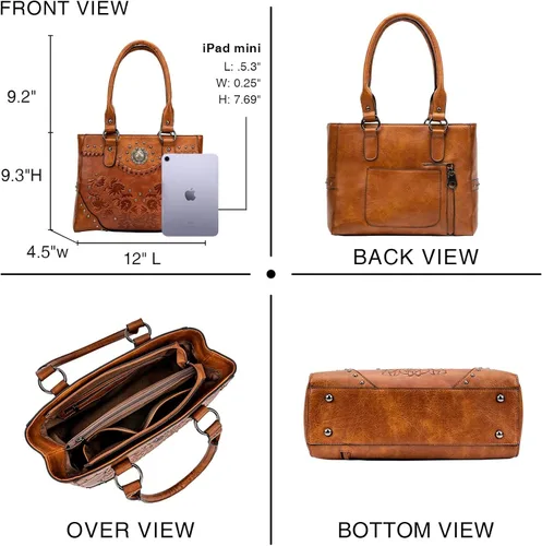 Miniatura 3 de Bolso de mano para mujer, bolso grande del oeste, bolso de hombro con asa superior, estilo vintage en relieve, tachuelas