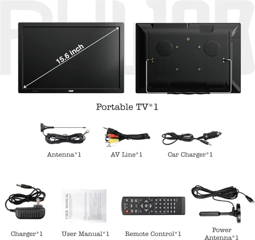 Miniatura 7 de TV digital portátil de 15.6 pulgadas, batería recargable de 4000 mAh para cortes de energía, tarjeta ATSC/HDMI/SD/entrada USB/AV, cargador de coche