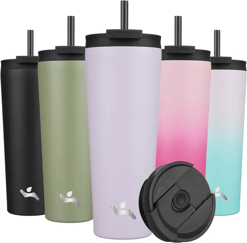 Miniatura 8 de Konokyo Vaso aislado de 18 onzas con tapa y 2 pajillas, botella de agua de acero inoxidable, taza de viaje al vacío, taza de café, color blanco ángel