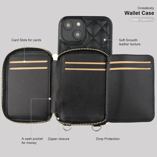 Miniatura 7 de Bocasal Funda tipo cartera cruzada para iPhone 14 Plus, bloqueo RFID, de piel sintética, con cremallera, funda tipo cartera con función atril y Negro