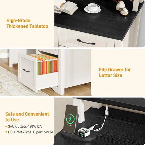 Miniatura 4 de Vabches 47" Farmhouse Executive Desk with Monitor Stand & File Cabinet,3 Drawers Computer Desk with LED Lights and Power Outlets,Workstation for