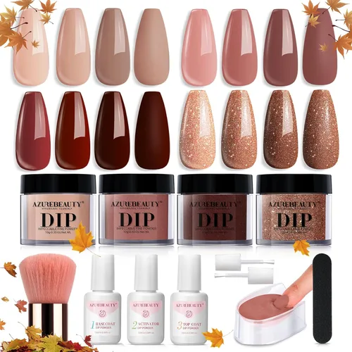 Miniatura 9 de AZUREBEAUTY Kit de iniciación de uñas en polvo de inmersión, 4 colores de otoño, piel nude, marrón, purpurina, juego de líquido de polvo