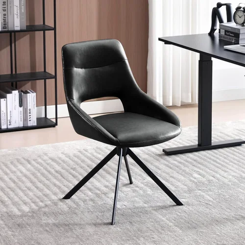 Juego de 1 silla de escritorio moderna de mediados de siglo, sin ruedas, silla de comedor giratoria de piel sintética con patas de metal, silla Negro