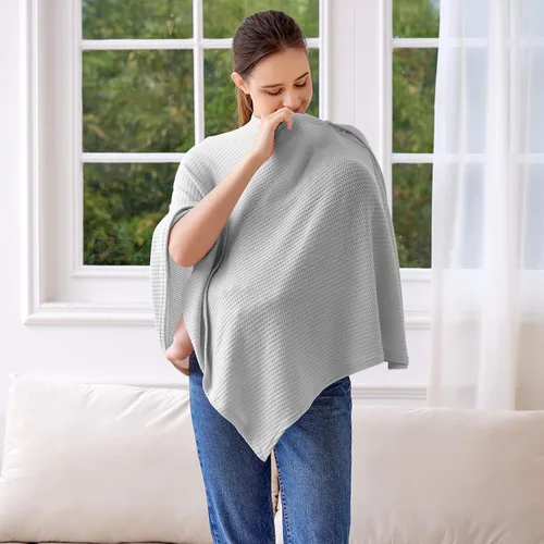 Miniatura 3 de Funda de lactancia de punto para lactancia materna, transpirable y suave, cuello ancho con elástico para una fácil visión (gris)