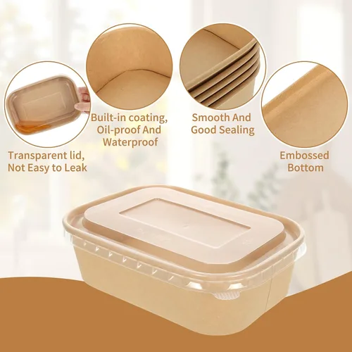 Miniatura 3 de Paquete de 50 cuencos desechables de papel kraft de 17 onzas con tapas, recipientes rectangulares de preparación de comidas a granel, ensaladera