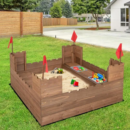 Miniatura 9 de Costzon Caja de arena para niños, pozo de arena de madera de cedro de 45 x 45 pulgadas con asientos de banco integrados, cajas de almacenamiento