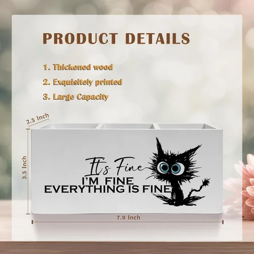 Miniatura 6 de Divertido soporte para lápices de gato negro para escritorio, I'm Fine Everything Is Fine - Organizador de lápices de madera para accesorios